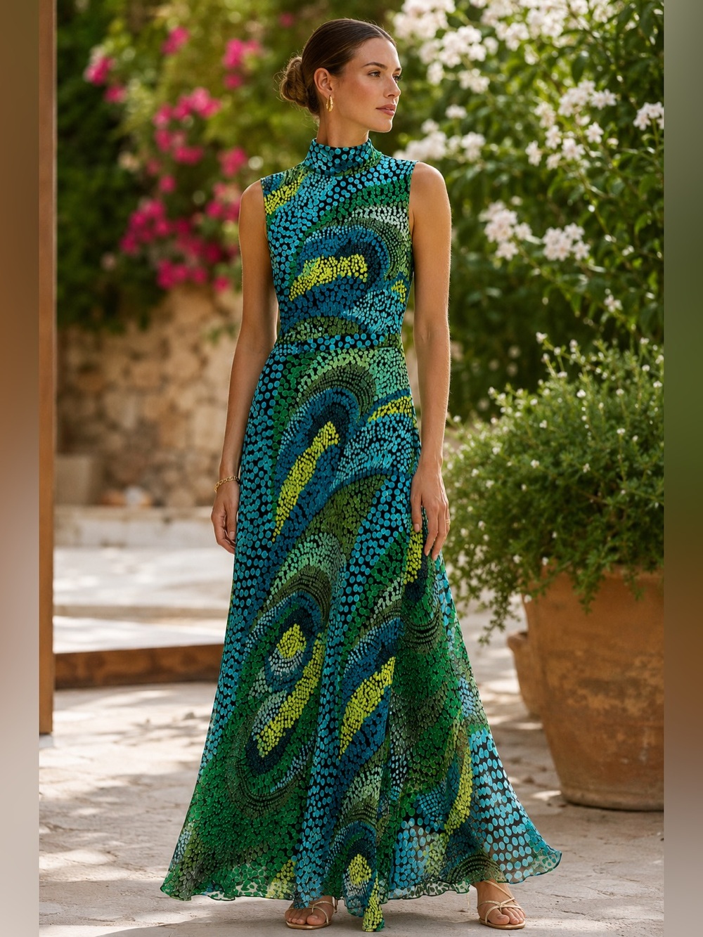 SALONI Silk Blend Mock Neck Sleeveless Maxi Dress Blue Green Abstract Print SZ6
